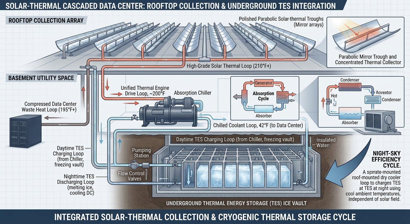 Figure 2: Integrated solar-thermal collection and underground TES ice vault — rooftop parabolic troughs, compressed waste-heat loop, absorption chiller, and day/night vault charging and discharging loops.