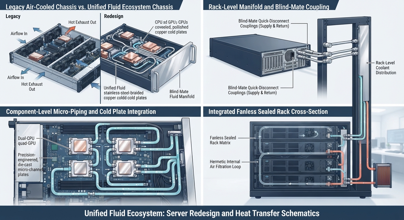 Figure 1: Unified fluid ecosystem server redesign — legacy air-cooled chassis versus the fanless cold-plate chassis, blind-mate rack manifold, component-level micro-piping, and sealed rack cross-section.
